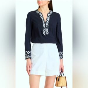 Tory Burch Embroidered Sleeve and Collar Tunic Size 0 Navy Color